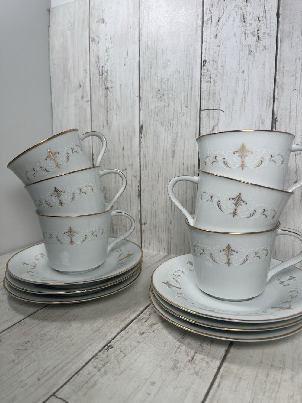 Set Of 6 Noritake COURTNEY 6520 White & Gold Scroll Teacups Tea Party China